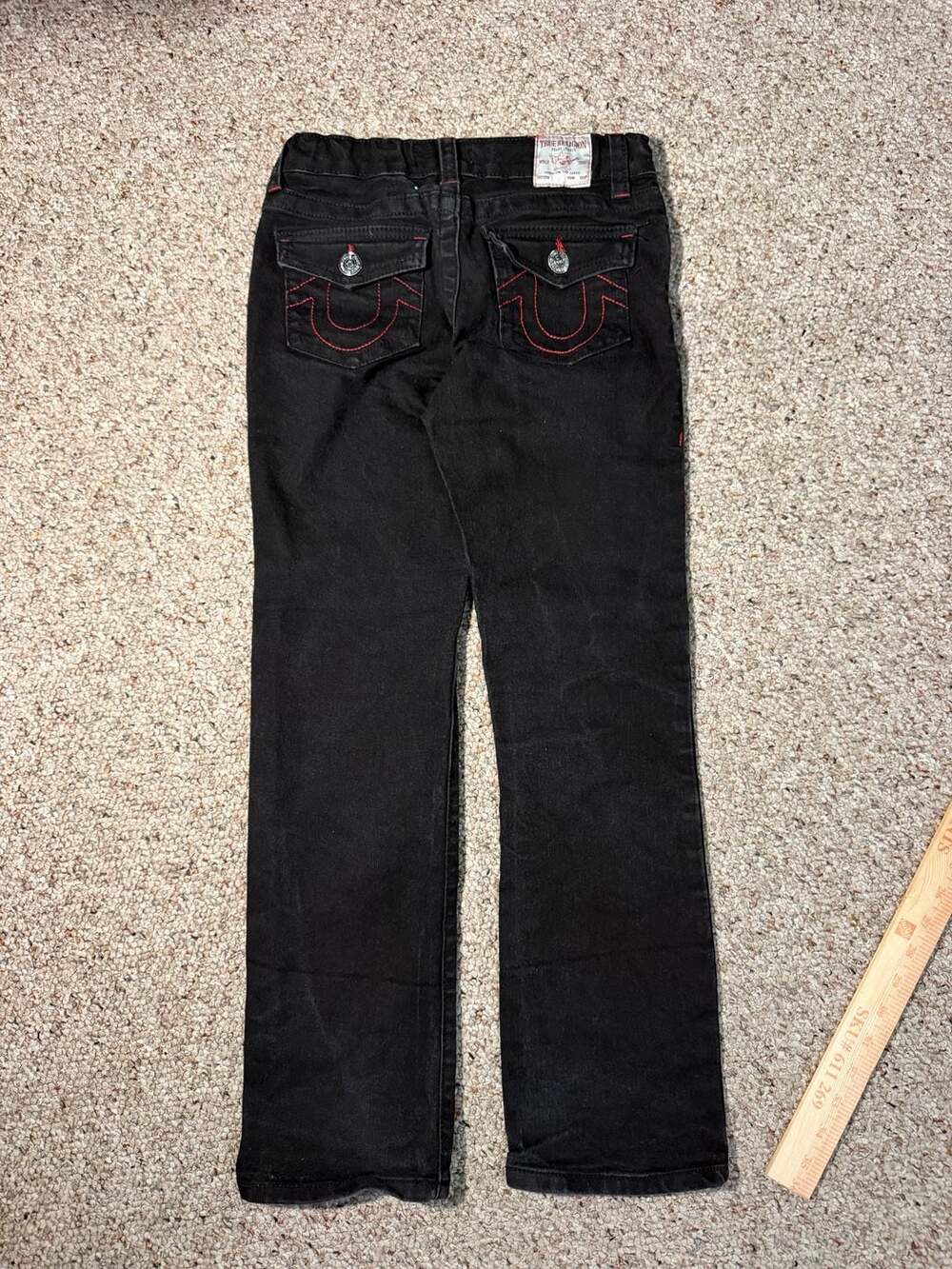 True Religion Boys Ricky Relaxed Straight Big T Black Jeans Red Stitching Size10